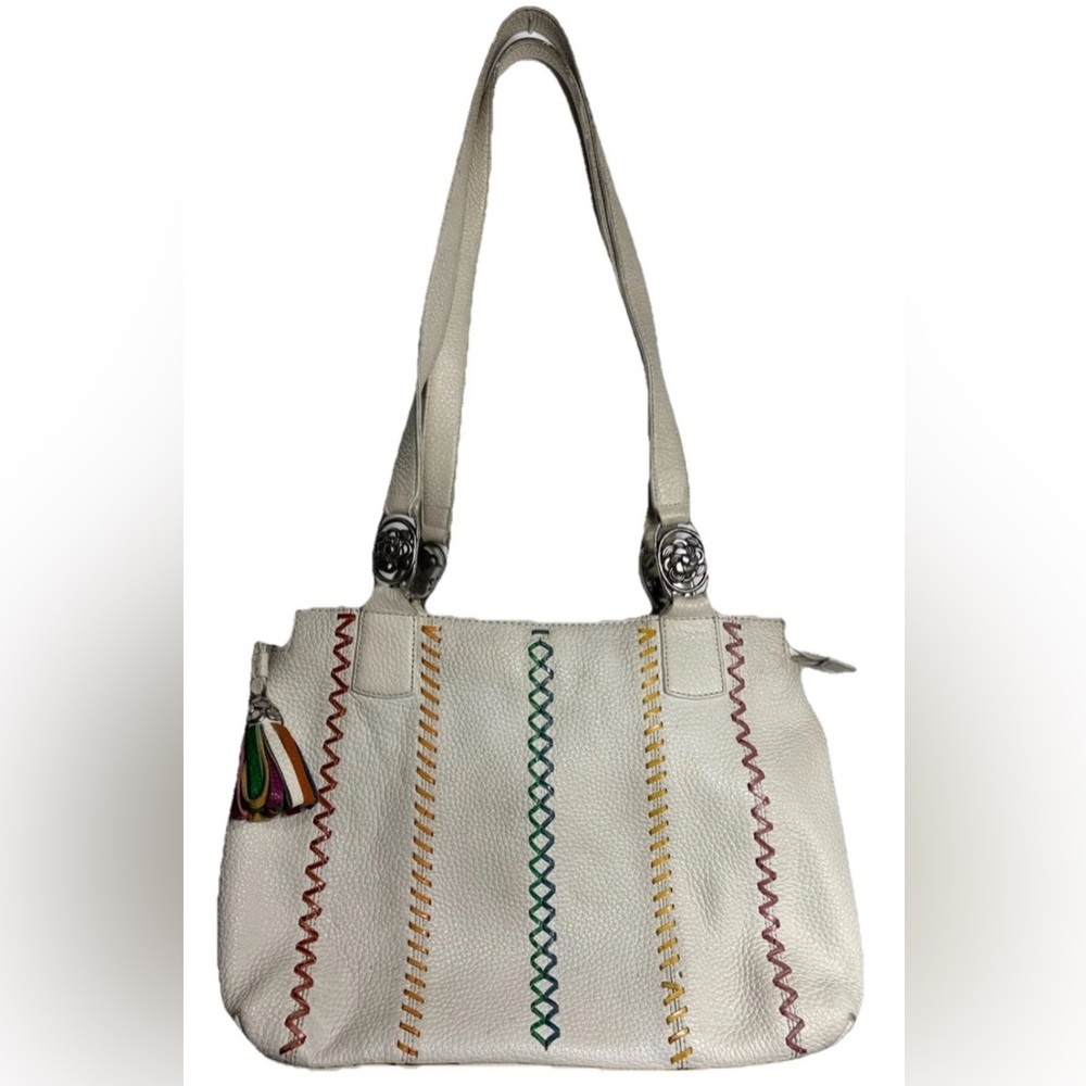 Brighton Off White Pebbled Leather Purse Rainbow Trim W Tassle & Charm Floral